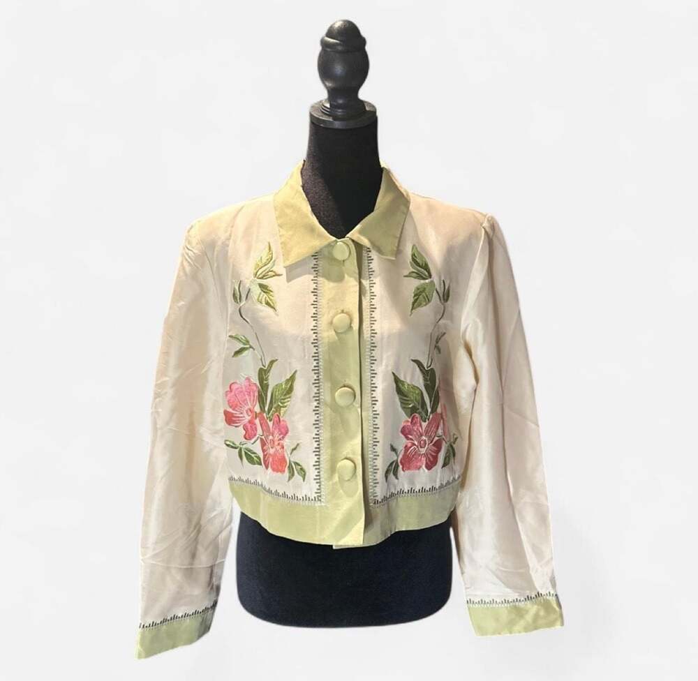 Maggy London 100% Silk Floral Embroidered Cropped Blazer